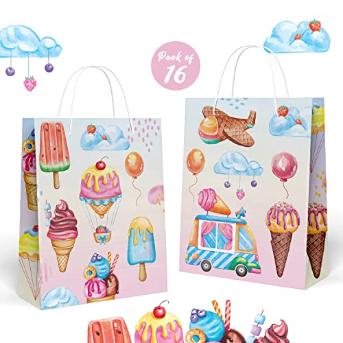 Ice Cream Bags Pack of 16 – Ice Cream Party Favors Bags with Handles – Sturdy Ice Cream Goodie Bags for Treats & Gifts – Stylish Ice Cream Candy Bags, Ideal for Ice Cream Theme Party Decorations