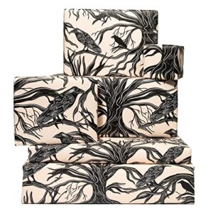 central 23 birds wrapping paper and tags – 6 sheets birthday gift wrap for her – raven – woods – black – pink – for women – gift wrap for bird lover – animals trees – recyclable