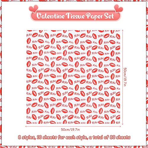 Valentines Tissue Paper Sheets Bulk 80 Sheets 20 * 20inch Per Sheet 8 Designs 10 Sheets Each Design Pattern Printed for Boxes,Wrapping Bags and Wine Bottles