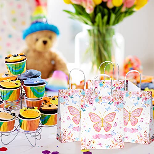 24 Pcs Butterfly Gift Bags Butterfly Treat Bags Bridal Goodie Bags Candy Bags Butterfly Flower Gift Wrap Bags with Handle Kraft Paper Bags Butterfly Party Favors for Wedding Birthday Party Baby Shower