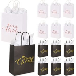 12 pcs bridal party gift bags and 12 tissue paper sets team bride and team groom wedding favor bags bridesmaid gift wrap bags for wedding proposal bridal shower gold and rose gold foiled with handle