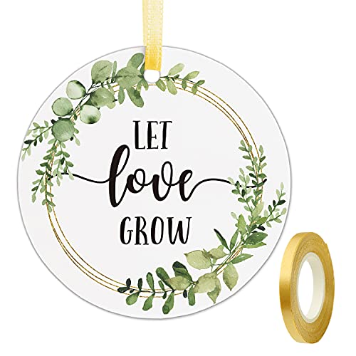 Wedding Favor Tags, Let Love Grow Tags, Thank You Tags for Wedding, Bridal Shower Favor, Succulent, Baby Shower, Pack of 50 Counts with 65 Feet Golden Ribbon.