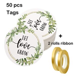 Wedding Favor Tags, Let Love Grow Tags, Thank You Tags for Wedding, Bridal Shower Favor, Succulent, Baby Shower, Pack of 50 Counts with 65 Feet Golden Ribbon.