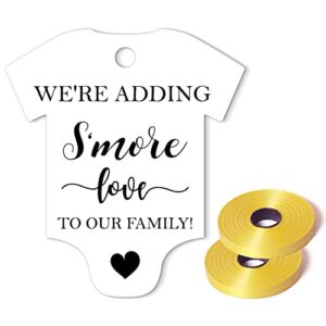 we’re adding s’more love to our family tags, baby onesie baby shower tags, smore love tags for baby shower, baby shower favor tags, pack of 50
