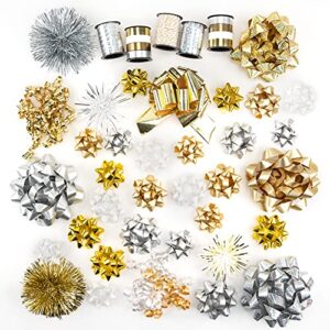 wrapaholic 40 pcs gift bows assortment – 28 assorted size gift bows(gold&silver&white), 1 pull bow, 2 tinsel bows, 2 fountain bows, 2 curly bows, 4 curling ribbons, 1 cotton twine
