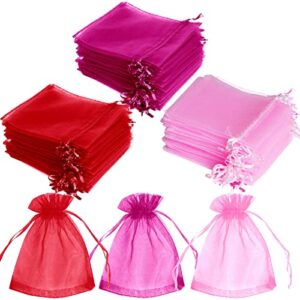 choyaxo 150pcs organza bags satin drawstring halloween christmas valentine’s day candy jewelry bags for wedding party birthday 3.54×4.33inch/ 9x11cm (red-rose red-pink)