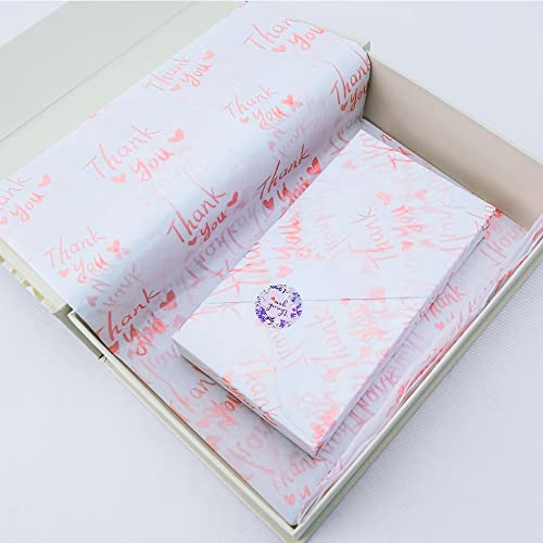 MR FIVE 30 Sheets White with Metallic Pink Thank You Tissue Paper Bulk,20" x 28",Pink Thank You Tissue Paper for Packaging,Gift Bags,Pink Gift Wrapping Tissue for Graduation,Birthday,Thanksgiving