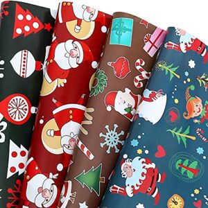 U'COVER Christmas Gift Wrapping Paper for Kids Boys Girls Baby Women Men Xmas Present Wrapping Paper 4 Style Christmas Santa Claus Snoman Tree Snowflake Deer Gift Wrap 12 FOLDED SHEET 20×29inch