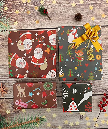 U'COVER Christmas Gift Wrapping Paper for Kids Boys Girls Baby Women Men Xmas Present Wrapping Paper 4 Style Christmas Santa Claus Snoman Tree Snowflake Deer Gift Wrap 12 FOLDED SHEET 20×29inch