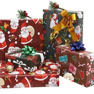 U'COVER Christmas Gift Wrapping Paper for Kids Boys Girls Baby Women Men Xmas Present Wrapping Paper 4 Style Christmas Santa Claus Snoman Tree Snowflake Deer Gift Wrap 12 FOLDED SHEET 20×29inch