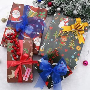 U'COVER Christmas Gift Wrapping Paper for Kids Boys Girls Baby Women Men Xmas Present Wrapping Paper 4 Style Christmas Santa Claus Snoman Tree Snowflake Deer Gift Wrap 12 FOLDED SHEET 20×29inch