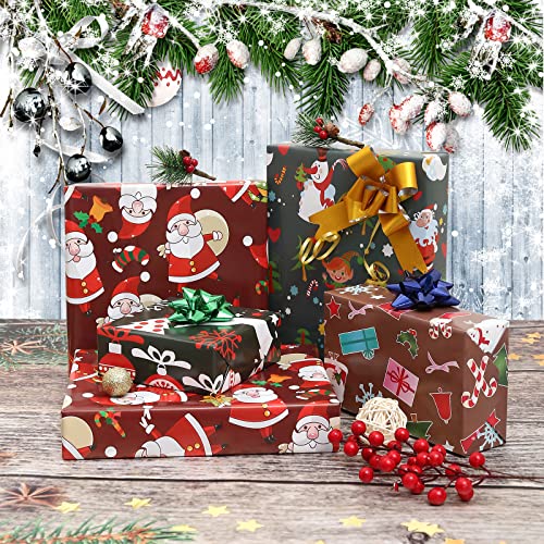 U'COVER Christmas Gift Wrapping Paper for Kids Boys Girls Baby Women Men Xmas Present Wrapping Paper 4 Style Christmas Santa Claus Snoman Tree Snowflake Deer Gift Wrap 12 FOLDED SHEET 20×29inch