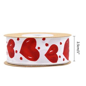 1 Roll 1" Wide Heart Pattern Printed Iron Wired Edge Ribbon for Valentine'S Day Decoration Gift Wrapping Party Supplies, 5.4 Yards