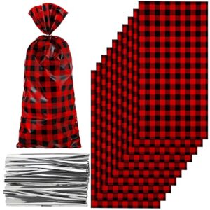 gersoniel 100 pieces christmas cellophane bags party treat favor bags red and black buffalo plaid candy bags xmas checkered cookie bags with 100 pieces twist ties for christmas birthday wedding party