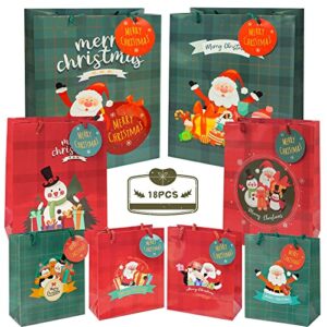 uptotop christmas bags with gift tags, 18 pack christmas red and green bags includes 4 large 6 medium 8 small, xmas paper bags for gift giving
