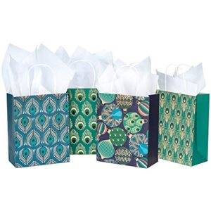 WRAPAHOLIC Medium Size Gift Bags - 12 Pack Gold Foil Peacock Feathers Paper Bags with White Tissue Paper for Christmas, Party, Celebrating - 8" x 4" x 10"