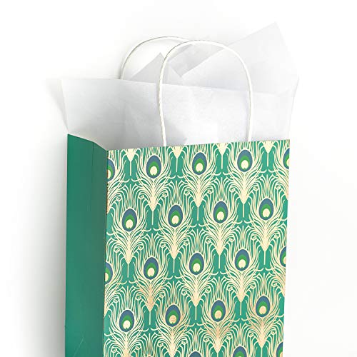 WRAPAHOLIC Medium Size Gift Bags - 12 Pack Gold Foil Peacock Feathers Paper Bags with White Tissue Paper for Christmas, Party, Celebrating - 8" x 4" x 10"