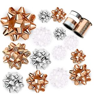 wrapaholic 16 pcs gift bows assortment – 14 multi colored assorted size gift bows (rose gold, silver, white) and 2 crimped curling ribbons, perfect for christmas, holiday, party