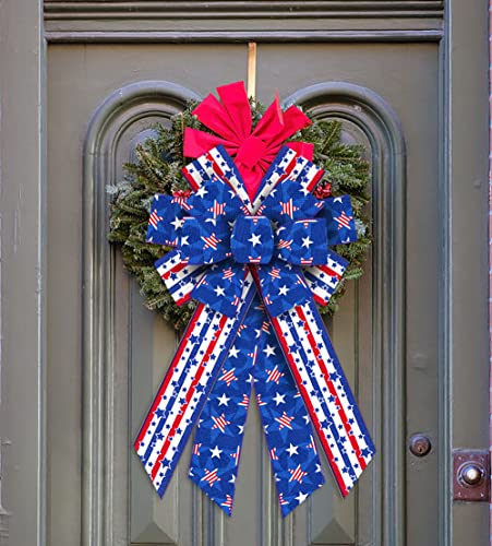 Hying Large Memorial Day Bows for Wreath, Patriotic Wreath Bows American Stars Bows Red Blue Stripe Burlap Bows 4th of July Tree Topper Bows for Front Door Christmas Memorial Day Decorations