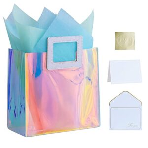vuojur 8.3” holographic reusable small gift bag with tissue paper and blank card for women girls birthday baby shower wedding anniversary(aquamarine & skyblue)