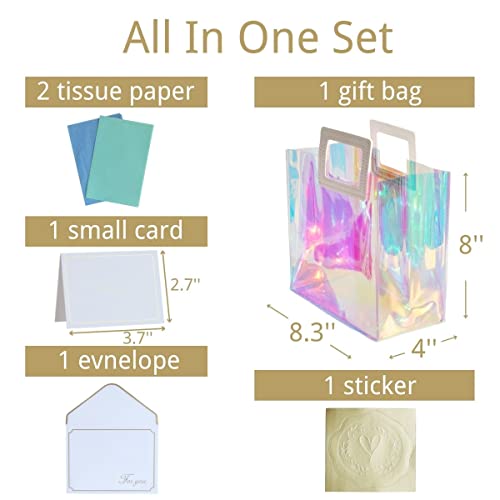 VUOJUR 8.3'' Holographic Reusable Small Gift Bag with Tissue Paper and Blank Card for Women Girls Birthday Baby Shower Wedding Anniversary(Aquamarine & SkyBlue)