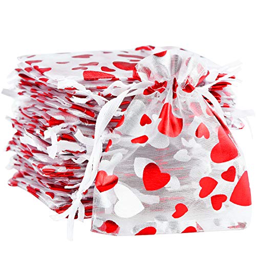 100PCS Love Heart Printed Valentine Candy Bags Organza Bags Gift Jewelry Bags for Wedding Valentine's Day Mother's Day Party 8x10cm