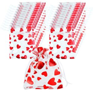 100PCS Love Heart Printed Valentine Candy Bags Organza Bags Gift Jewelry Bags for Wedding Valentine's Day Mother's Day Party 8x10cm