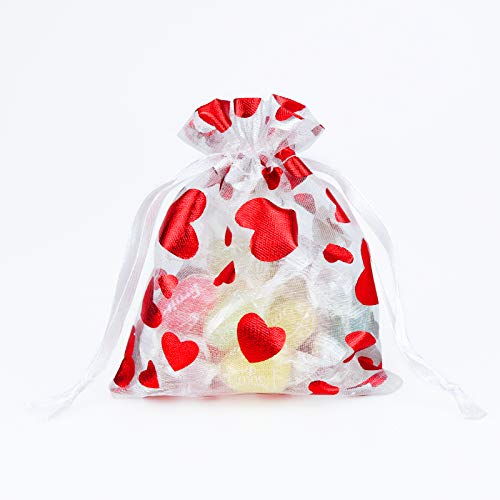 100PCS Love Heart Printed Valentine Candy Bags Organza Bags Gift Jewelry Bags for Wedding Valentine's Day Mother's Day Party 8x10cm