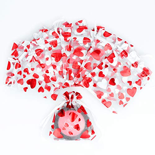 100PCS Love Heart Printed Valentine Candy Bags Organza Bags Gift Jewelry Bags for Wedding Valentine's Day Mother's Day Party 8x10cm