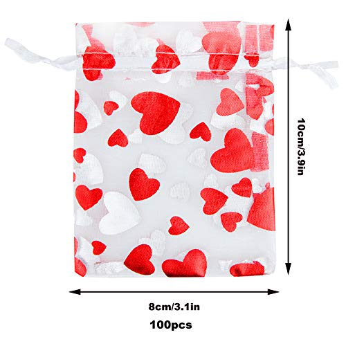 100PCS Love Heart Printed Valentine Candy Bags Organza Bags Gift Jewelry Bags for Wedding Valentine's Day Mother's Day Party 8x10cm