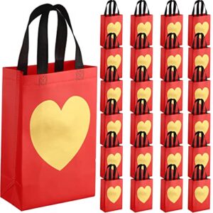 24 pcs valentines day reusable gift bags with shiny gold heart non woven gift bags goodie bags 8 x 12 x 4 inch grocery bags shopping bags for birthday wedding valentines party (red)