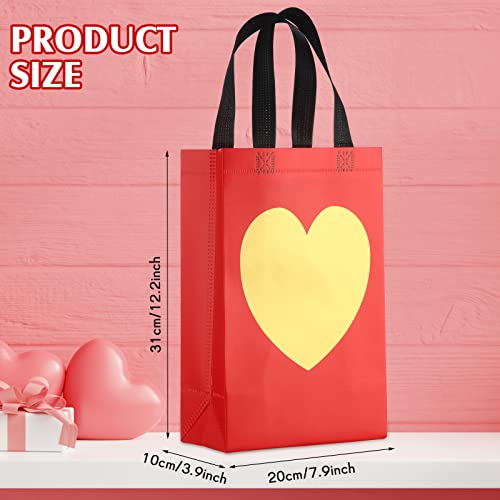 24 Pcs Valentines Day Reusable Gift Bags with Shiny Gold Heart Non Woven Gift Bags Goodie Bags 8 x 12 x 4 Inch Grocery Bags Shopping Bags for Birthday Wedding Valentines Party (Red)