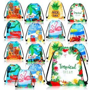 woanger 16 pack hawaii themed party drawstring bags aloha party drawstring pouch tiki pineapple hawaiian party gift bags with drawstring aloha gift bag for birthdays, bridal shower, samples, events