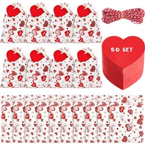 50 pack valentines day gift bags burlap cotton gift bags 5” x 7” heart drawstring gift bags with red gift tags valentine heart shaped paper tags and 15m string for wedding party christmas new year