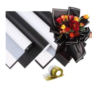 20 counts 4 styles black white waterproof florist bouquet paper packaging paper,fresh flowers wrapping paper with border 23″with 48 yards 1/2″fabric ribbons,gift packaging for birthday holiday wedding