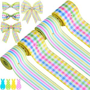 4 roll 20 yard easter buffalo plaid stripe wired ribbon, 2.5in pink blue yellow green gingham ribbon for easter favors gift wrapping spring home decor diy crafts hairbow wreath bouquet craft supplies