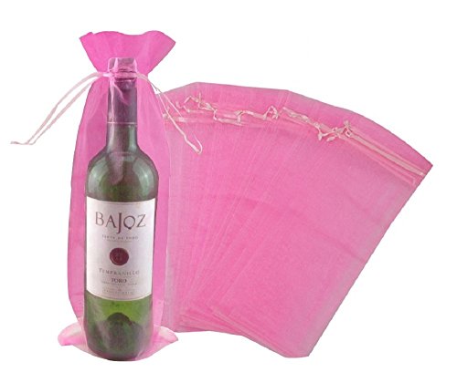 Wuligirl 20pcs Drawstring Organza Wine Bottle Bag 5.5 by 14.5 Inch Pink Wrapping Gift Bags Baby Shower Wedding Favors Party Charcoal Reusable Pouches Package Bags(20pcs Pink)