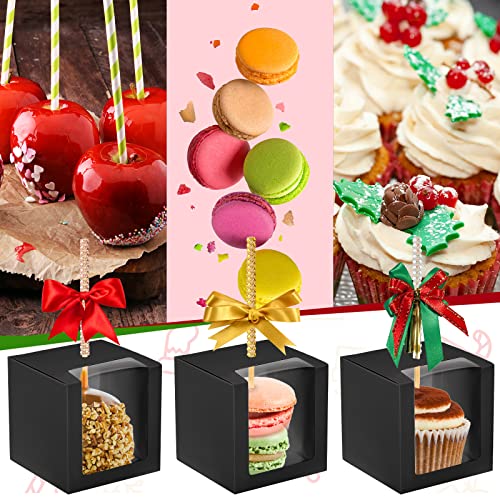 100Pcs Candy Apple Boxes with Hole Caramel Apple Boxes 4x4x4 Inch Christmas Apple Gift Box Cookies Chocolate Apple Container with Clear Window Baking Wrapping Packaging for Wedding Baby Shower (Black)