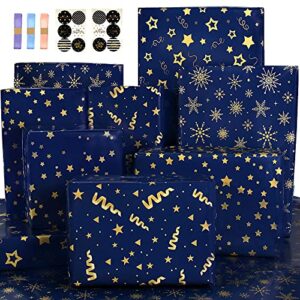 wrapping paper flat sheets – birthday wrapping paper set with sticker ribbon – gift wrapping paper with dark blue and gold stripes star design – navy blue wrapping paper for men boy – birthday gift wrap for christmas, hanukkah, birthday, graduation, fathe