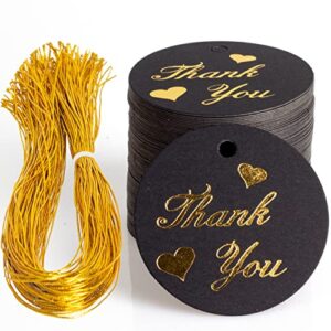thank you tags,100pcs black round paper gift wrap hang tags with string for wedding baby shower birthday party favors
