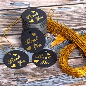 Thank You Tags,100pcs Black Round Paper Gift Wrap Hang Tags with String for Wedding Baby Shower Birthday Party Favors