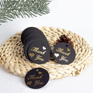 Thank You Tags,100pcs Black Round Paper Gift Wrap Hang Tags with String for Wedding Baby Shower Birthday Party Favors