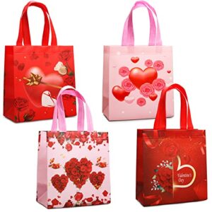 4pcs happy valentines day reusable gift bags, treat bags with handles, valentines day party bags, multifunctional non-woven valentines bags for gifts wrapping, valentines party supplies, 8.7×9.2×4.3inch
