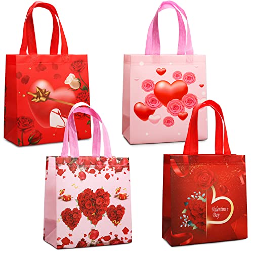 4PCS Happy Valentines Day Reusable Gift Bags, Treat Bags with Handles, Valentines Day Party Bags, Multifunctional Non-Woven Valentines Bags for Gifts Wrapping, Valentines Party Supplies, 8.7×9.2×4.3inch