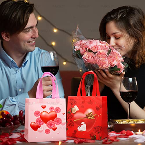 4PCS Happy Valentines Day Reusable Gift Bags, Treat Bags with Handles, Valentines Day Party Bags, Multifunctional Non-Woven Valentines Bags for Gifts Wrapping, Valentines Party Supplies, 8.7×9.2×4.3inch