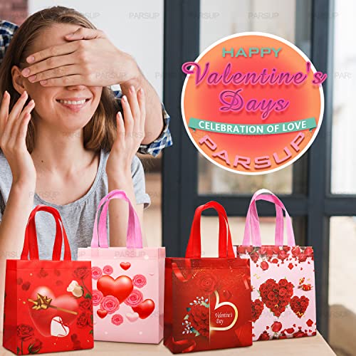 4PCS Happy Valentines Day Reusable Gift Bags, Treat Bags with Handles, Valentines Day Party Bags, Multifunctional Non-Woven Valentines Bags for Gifts Wrapping, Valentines Party Supplies, 8.7×9.2×4.3inch