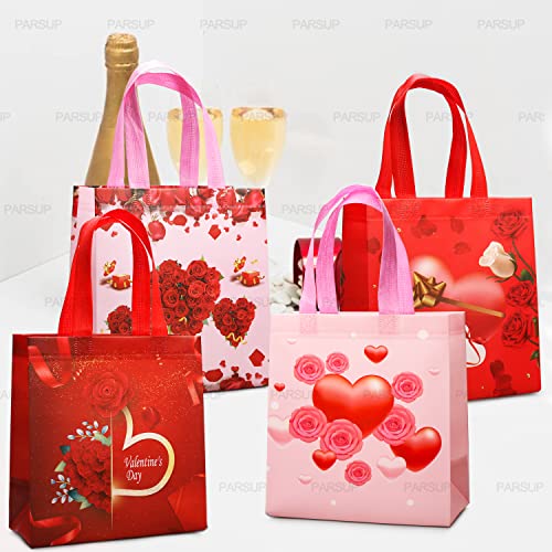 4PCS Happy Valentines Day Reusable Gift Bags, Treat Bags with Handles, Valentines Day Party Bags, Multifunctional Non-Woven Valentines Bags for Gifts Wrapping, Valentines Party Supplies, 8.7×9.2×4.3inch