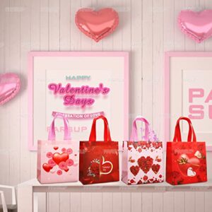 4PCS Happy Valentines Day Reusable Gift Bags, Treat Bags with Handles, Valentines Day Party Bags, Multifunctional Non-Woven Valentines Bags for Gifts Wrapping, Valentines Party Supplies, 8.7×9.2×4.3inch