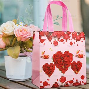 4PCS Happy Valentines Day Reusable Gift Bags, Treat Bags with Handles, Valentines Day Party Bags, Multifunctional Non-Woven Valentines Bags for Gifts Wrapping, Valentines Party Supplies, 8.7×9.2×4.3inch