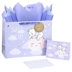 lezakaa 16″ large gift bag with tissue paper,hello baby gift tag and greeting card, purple gift bag with sleeping elephant design for baby shower
